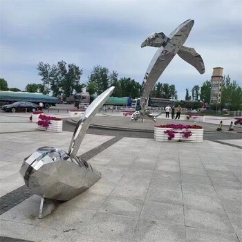 幾何不銹鋼鯨魚(yú)雕塑不銹鋼海洋動(dòng)物雕塑水景擺件