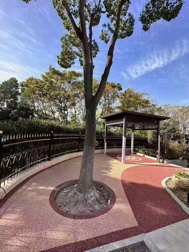 臺(tái)州度假山莊露骨料透水路面，彩色膠粘石透水樹池造型設(shè)計(jì)制作
