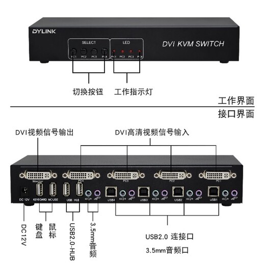 DVI4路KVM切换器立音频麦克风