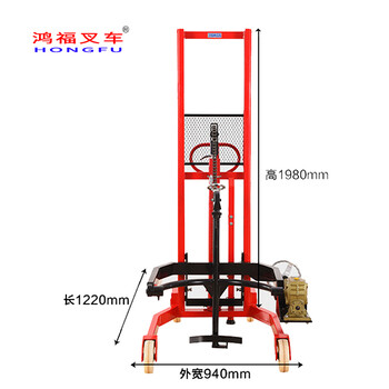 梅州油桶倒料车，梅州鸿福叉车，手升手翻油桶翻转装卸车