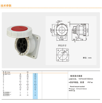 北京WEIPU威浦125A防水暗装直式插座TYP5202TYP5219TYP5224