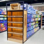 超市货架便利店零食展示架化妆品母婴店组合货架木纹陈列展架