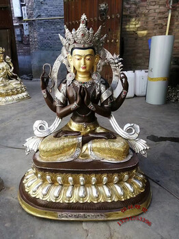 河北铜雕厂纯铜铸造各种大型寺庙供奉铸铜四臂观音密宗佛像