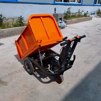 小型電動(dòng)翻斗車手推橡膠胎建筑工地平板電動(dòng)斜斗灰斗三輪車