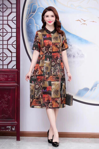 復古國風女裝仿香云紗連衣裙中老年女裝庫存服裝供應