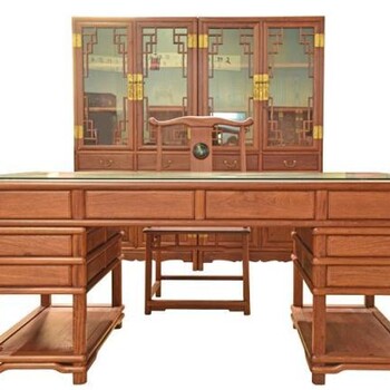 王义红木交趾黄檀办公桌造型典雅，大红酸枝家具
