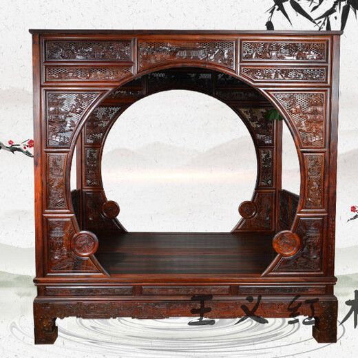 中式家具大红酸枝架子床结构精巧，卧室红木家具